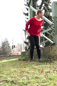 Delightful Light-haired In Glasses Relieves Herself In Outdoor